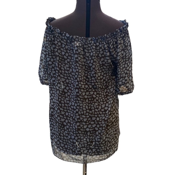 Moda International Womens Sheer Blue/Black Beaded Blouse Sz L V-Neck Puff Sleeve - Picture 7 of 9